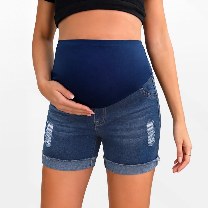 Maternity Denim Shorts High-Waist Stretch Capri Pants With Tummy Support Casual Wear