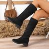 Pleated Boots Women Faux Suede Flock Knee High Boots 2025 Winter Women Slip On Square Low Heel Knight Booties Mujer