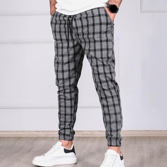 Men Pants Color Matching Plaid Print Drawstring Elastic Waist Ankle-banded Pockets Mid Waist Soft Casual Breathable Sports Jogging Trousers