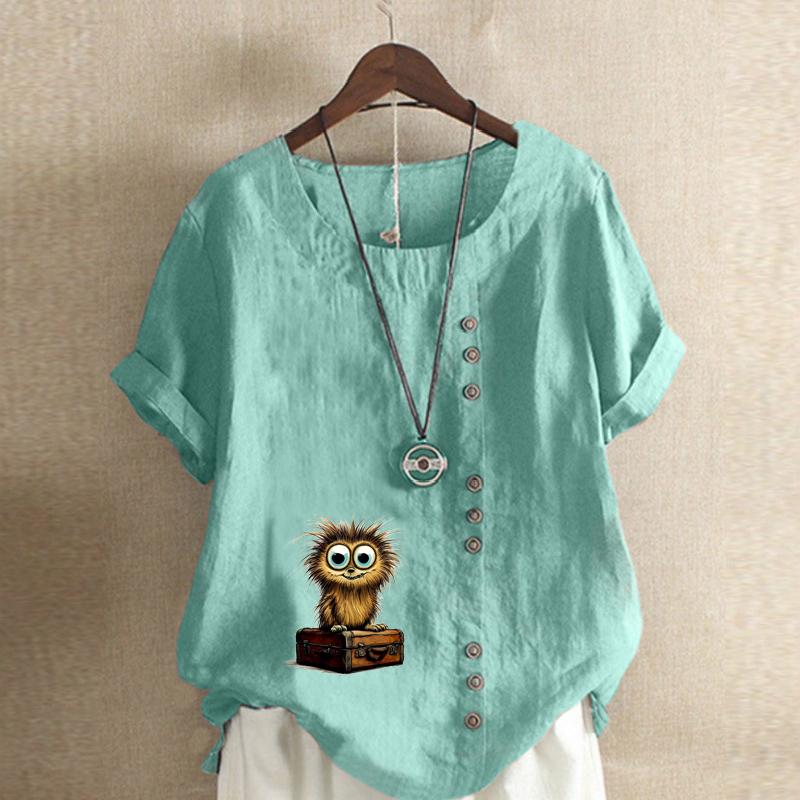 Women's Fashion Owl Prined Short Sleeve T-shirt Loose Cotton Shirt Casual Loose Summer Blouse Plus Size Tops