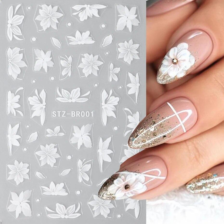 Flowers Nails Art Stickers White Floral Petal Leaf Sliders For Nails Wedding Design DIY Manicure Decoration