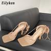 Fashion Eilyken Spring Mesh Casual Pumps Sandals Female Square Toe High Heel Lace Up Cross-tied Stiletto Hollow Dress Tacones De Mujer