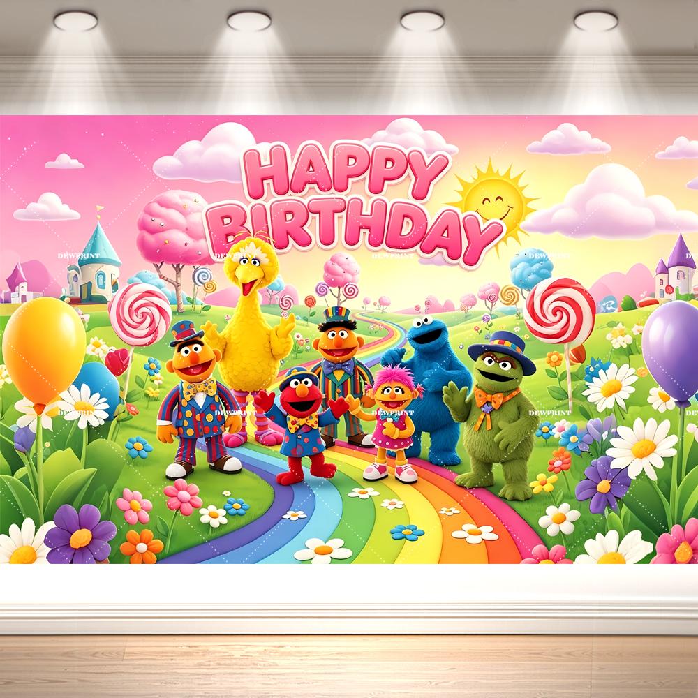 Sesames -Street Birthday Backdrop Cartoon Elmo Bird Cookie Monster Party Banner Kids Birthday Photo Background Decor Supplies