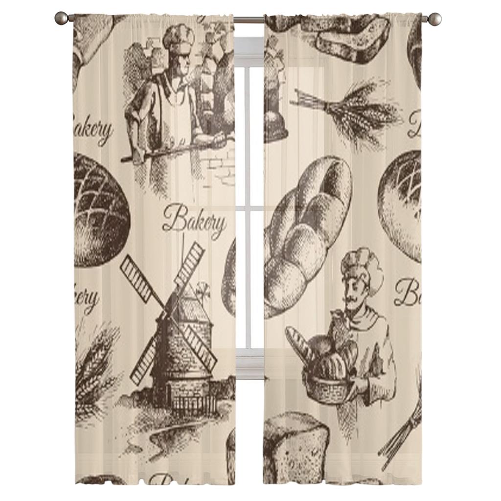 Bakery Sketch Seamless Pattern Tulle Sheer Curtains for Living Room the Room Bedroom Kitchen Decoration Voile Organza Curtains
