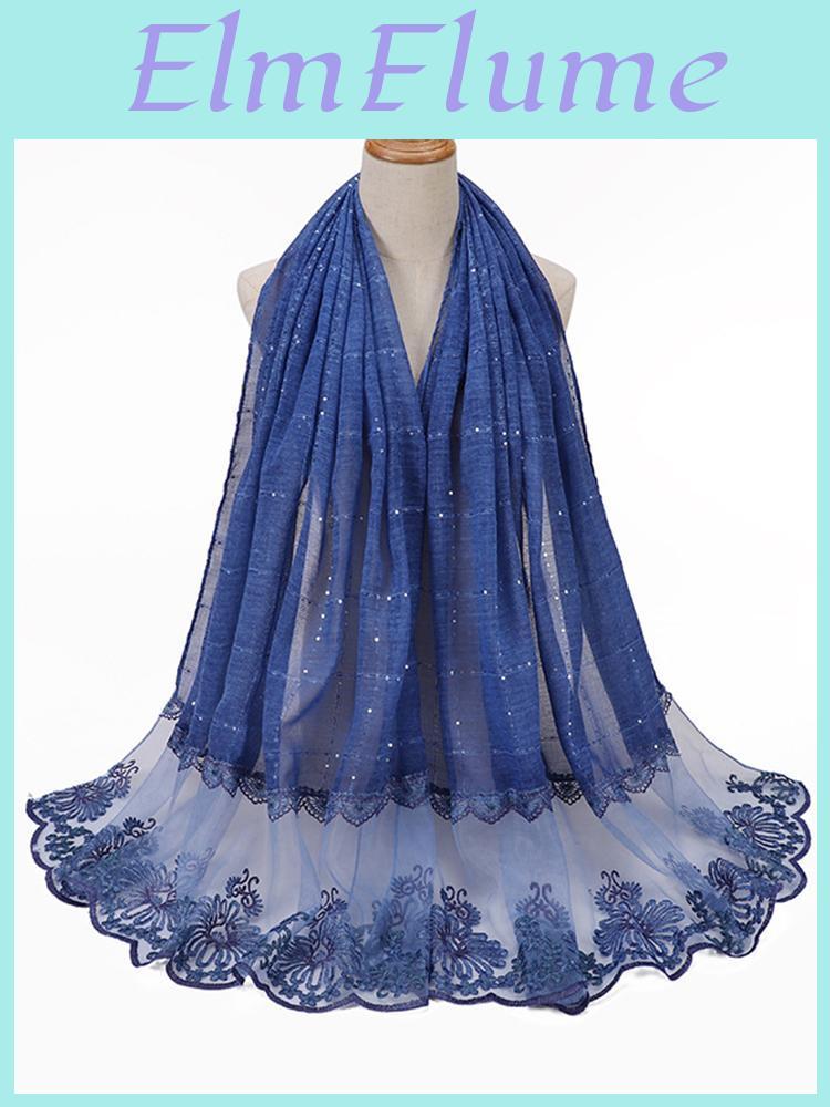 Femme Sequin Hijab Chiffon Women Glitter Lace Embroidery Floral Beach Wrap Silk Scarf Shawl Bandana Muffler Scarve Bufanda Mujer