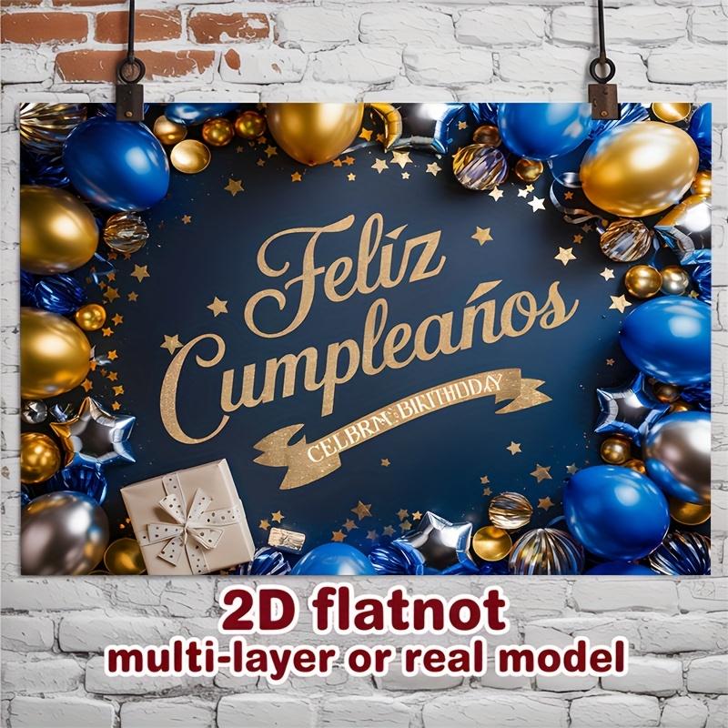 2D flat, 1 piece Spanish Happy Birthday party banner with gold and blue balloons, stars and gift boxes for family,