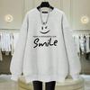 Women's Round Neck Sweatshirt Loose Plus Velvet Thickened Autumn and Winter New Korean Version Letters Smiling Mid-length Top