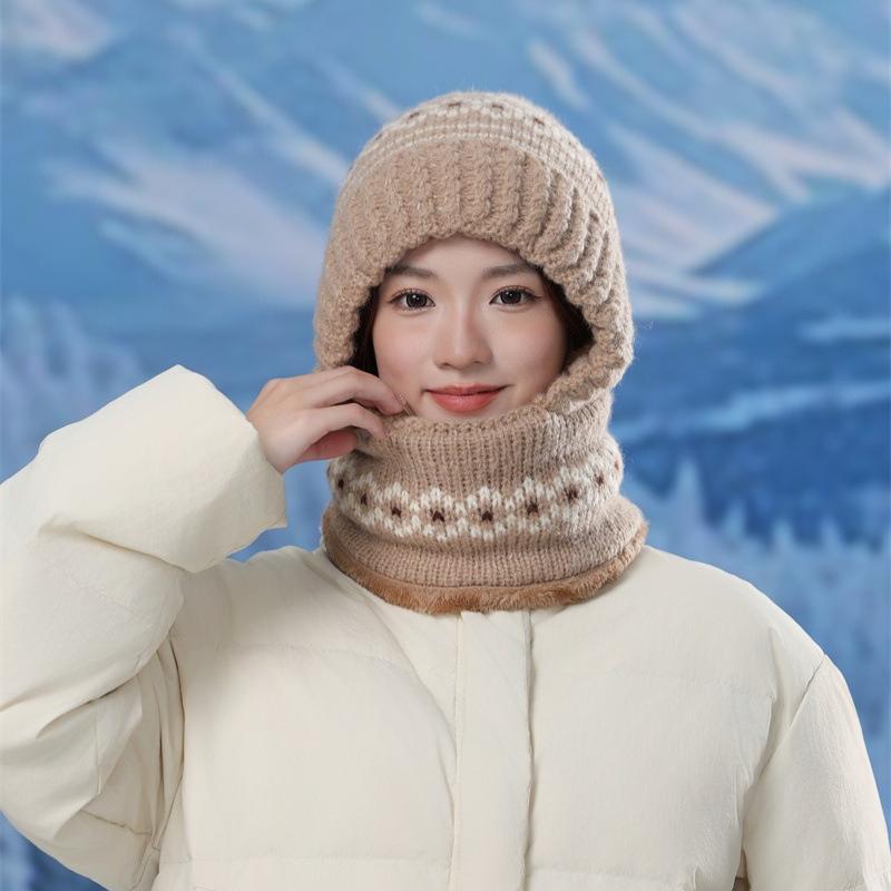 Love Jacquard Warm One-piece Hat Women's Winter Plush Pullover Ear Protection Plush Line Scarf One-piece Hat