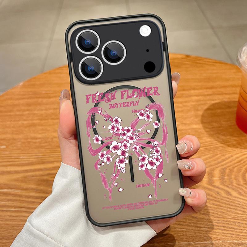Pink Bow Pattern Magnetic Case For iPhone 17 17e 16e 16 15 Pro 14 13 Pro Max For Magsafe Translucent Matte Hard PC Phone Cover