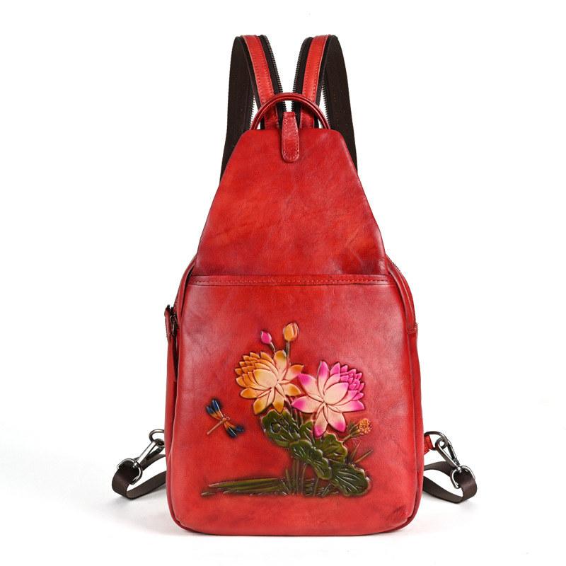 Рюкзаки с тиснением цветов для мужчин и женщин из натуральной кожи, сумки-лотосы, винтажный дизайн, модный рюкзак ручной работы