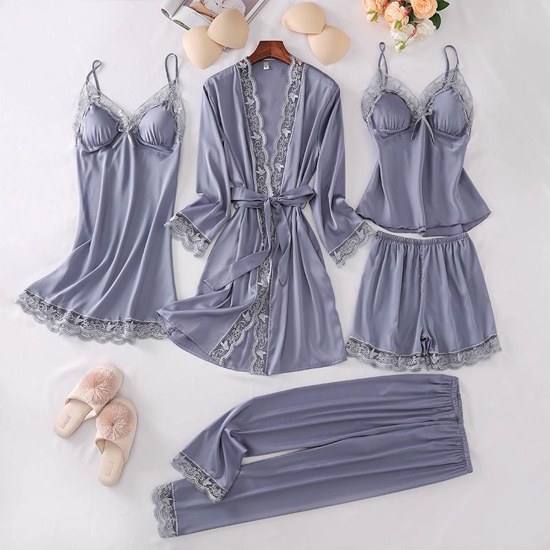 Женский шелковый кружевной пижамный комплект - 5 предметов: ночная рубашка с длинными рукавами, майка и шорты на весну, лето и осень