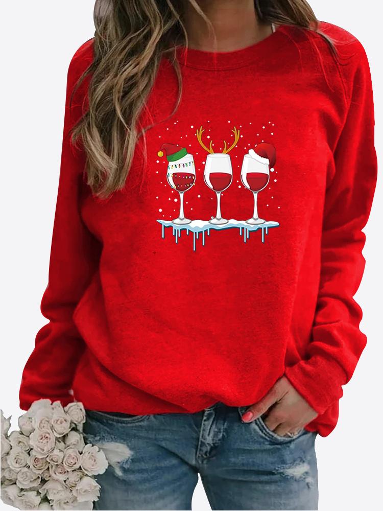 Women Autumn and Winter Clothing Christmas Deer Printed Casual Sweatshirt Long Sleeve Tops T-shirt Ladies Round Neck Pullover Blouse