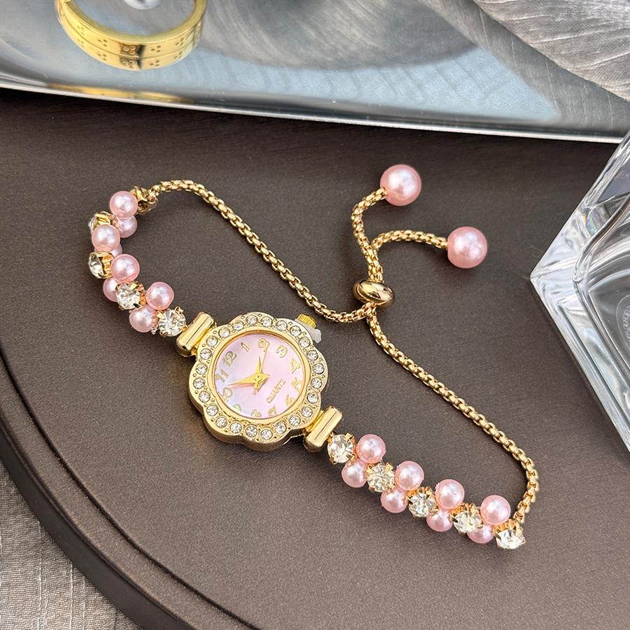 French Romantic Pearl Slide-On Bracelet Watch for Women with Flower Diamond Inlay Fashion Quartz Timepiece Lady's Accessory