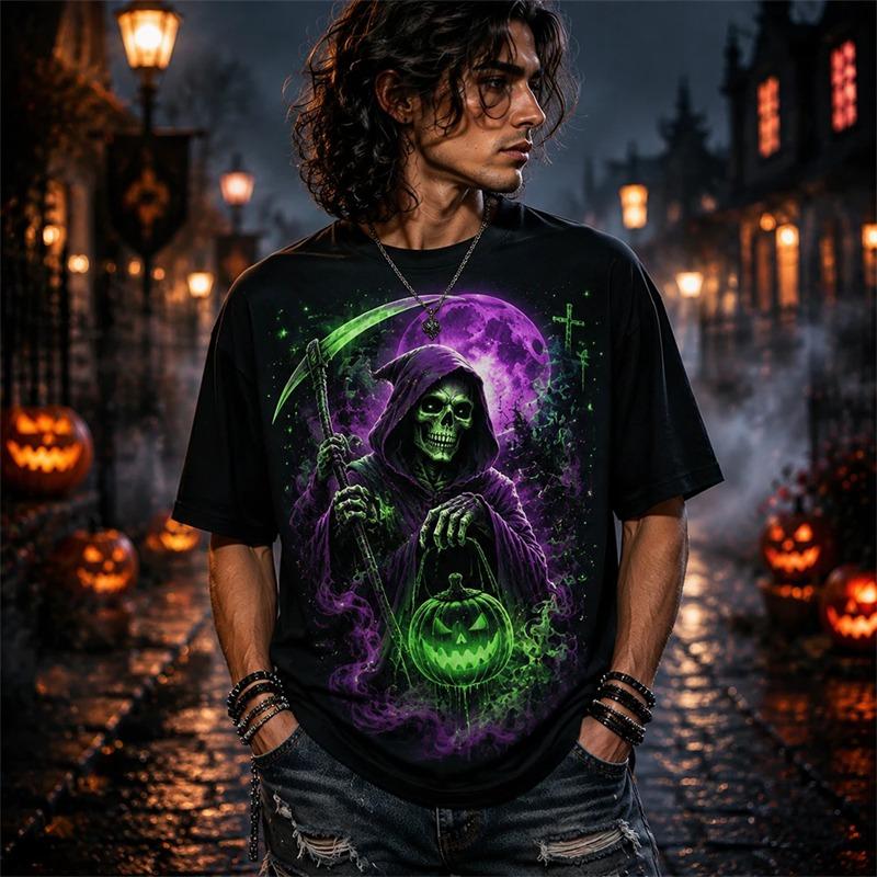 Halloween Men's 3D Skull Short-Sleeve T-Shirt Spooky Club Party Street Style Short-Sleeve Casual Loose-Fitting Men's Top