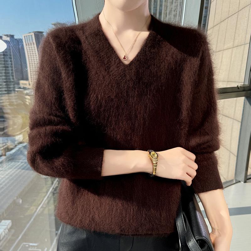 Lekasha 100% Cashmere V-Neck Loose Knit Sweater for Women - Solid Color Winter Base Layer Top