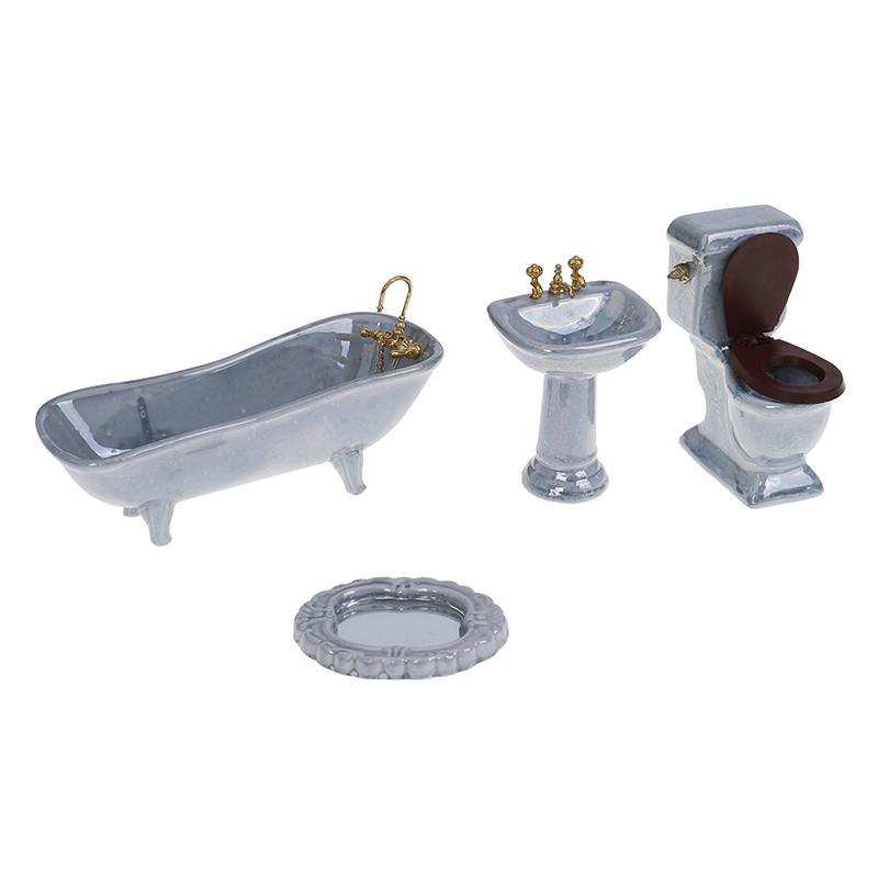1:12 Dollhouse Miniature Blue Porcelain Bathroom Set Toilet Basin Bathtub