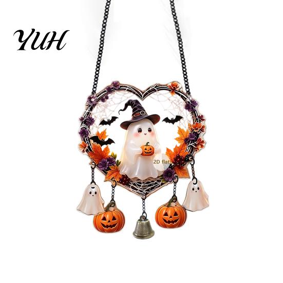 Easy Install Holiday Decorations Halloween Acrylic Love Heart Wreath Ornament, Cartoon Owl Ghost Witch Ornaments Skeleton Hanging Decor, Festive Party