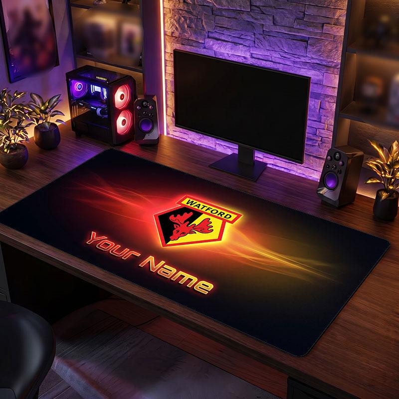 Watford FC Custom Large Mouse Pad, Personalized Name Text Print, Football Logo Non‑Slip Desk Mat Gaming Gift