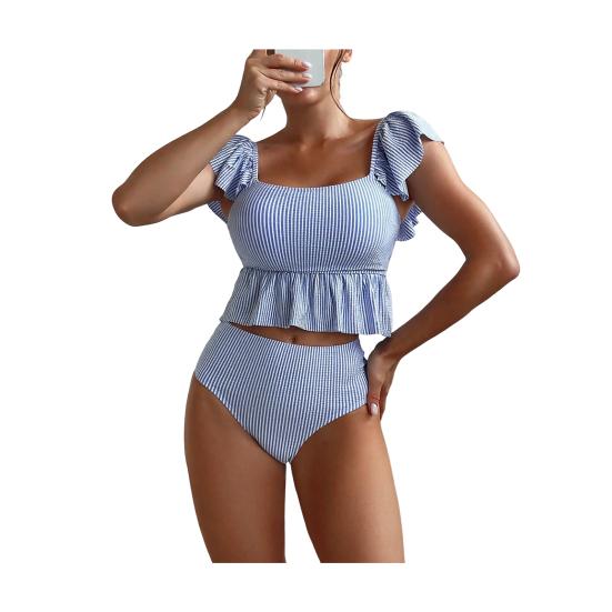 2 шт./комплект Женский купальник Комплект Квадратный вырез Воланы Короткий рукав Полосатый принт Топы Высокая талия Плавки Комплект купальных костюмов