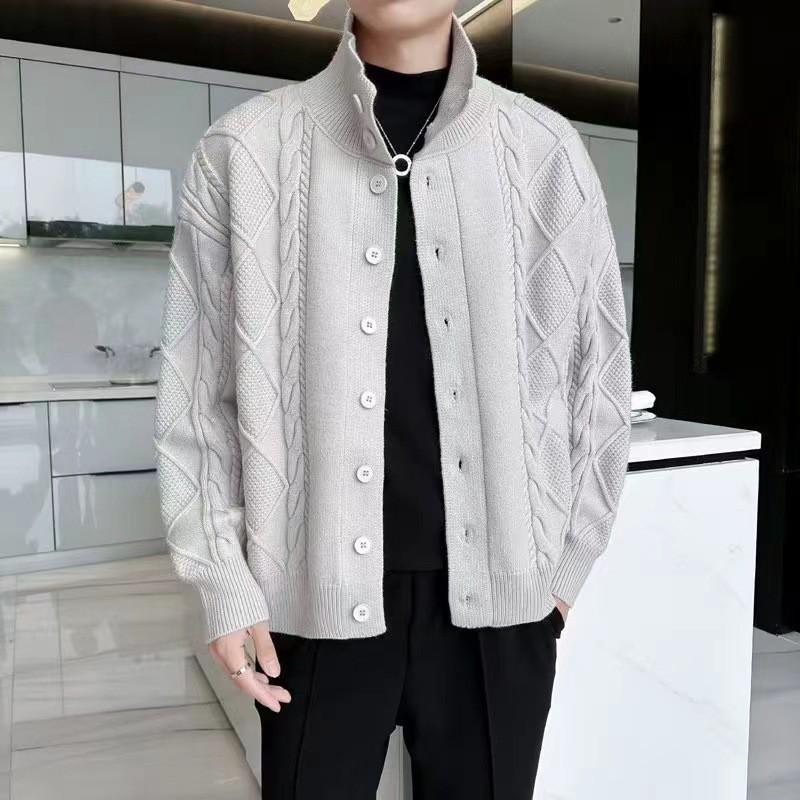 Mens Oversized Knit Cardigan Jacket Stand Collar Warm Loose Fit Winter Sweater Coat Casual Streetwear