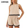 Women's Summer Two-piece Linen Lace Edge Crew-neck Vest Top Shorts