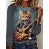Осенняя женская футболка с длинным рукавом, милым принтом кошки, уличный кэжуал, круглый вырез, пуловер, одежда оверсайз