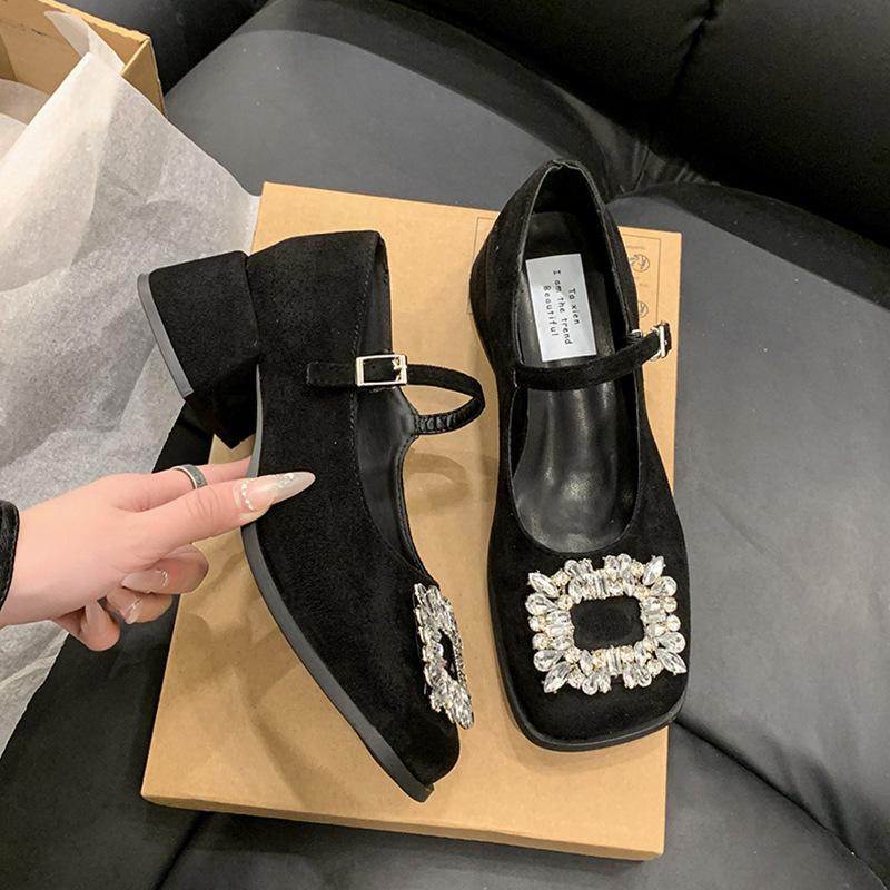 Французские туфли Мэри Джейн на толстом каблуке, женские весенние новинки с юбкой, туфли-одиночки со стразами, вечерний бриз, сказочный стиль, каблуки