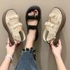 Retro Thick Low Women's Sandals 2025 Summer New Mid-heel Korean One-character Pleated Buckle Roman Beach Shoes Women