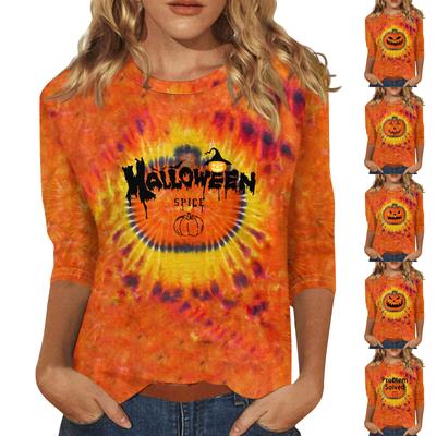 Женский хеллоуинский принт с круглым вырезом и длинными рукавами, свободный покрой, повседневный топ с длинными рукавами 3/4