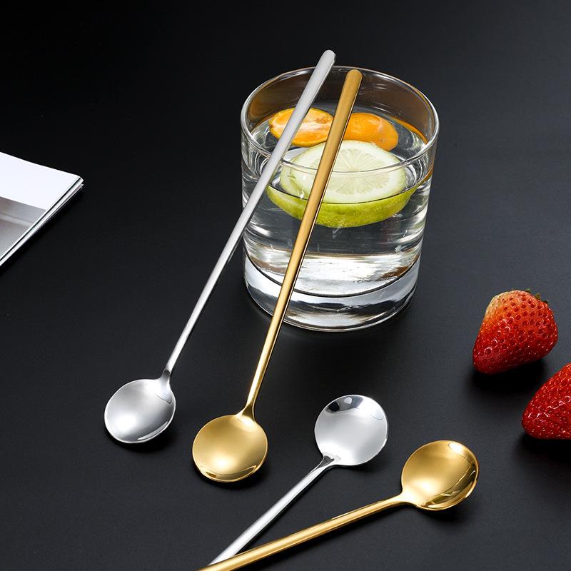 Long Handle Gold Stainless Steel Dessert & Coffee Spoon - 410 Stainless Steel, Small Round Design