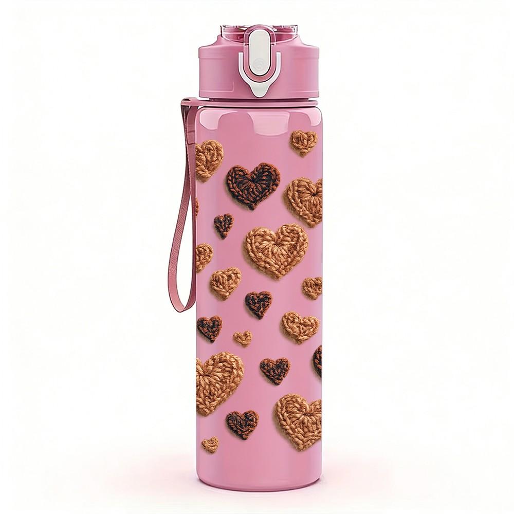 1PC Stacked Brown Heart Pattern Print 750ml Color Plastic Sports Water Bottle Leakproof Flip Straw Lid Suitable for Sports Office Home Use