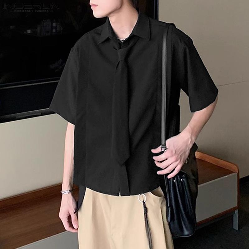 INCERUN Большие мужские рубашки с завязками на шее и коротким рукавом, однотонные, повседневные, с высоким и низким вырезом