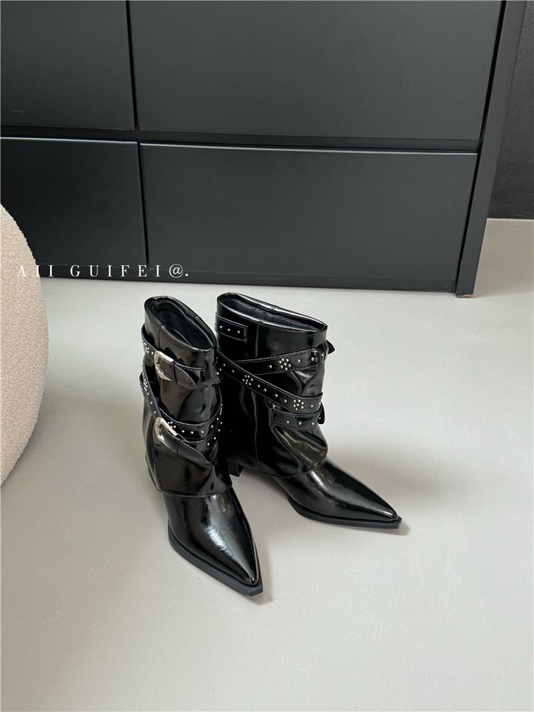 High Heel Boots Thick Heel Pointed Trouser Tube Boots Short Boots Women's 2025 Autumn and Winter New Rivet Belt Buckle Sleeve Fashion Boots Women