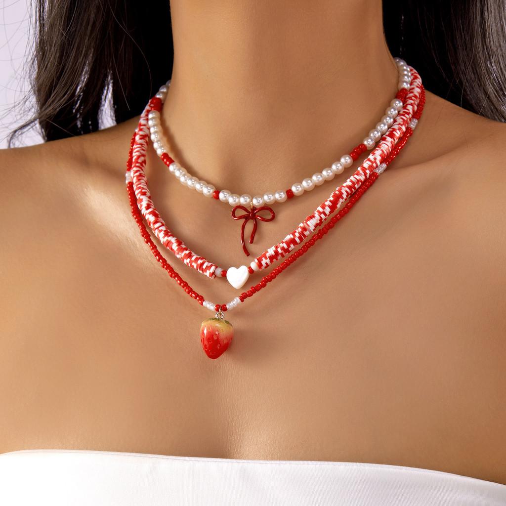 Romantic Heart Pearl Choker Necklace With Cherry And Strawberry Charms For Girls