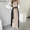 Women Casual Patchwork Long Sleeve Loose Long Dress