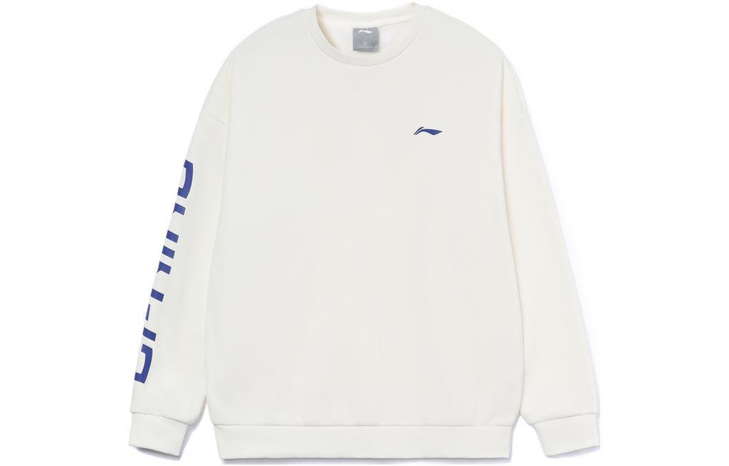 Li Ning Sports Fashion Collection Logo Letter Print Crew Neck Pullover Fleece Lined Sweatshirt Men's White AWDTC23-3