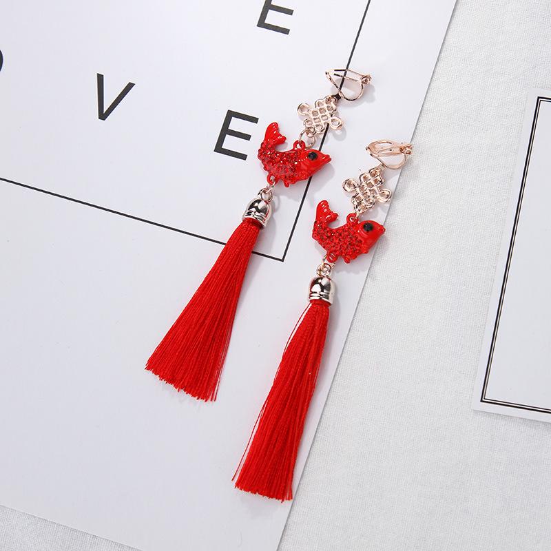 Серьги-клипсы в древнем стиле ханьфу с красными кисточками и узлом для непроколотых ушей — свадебный китайский ретро-дизайн