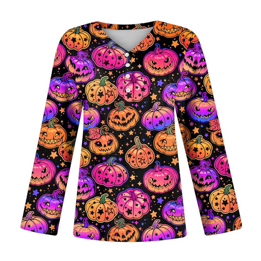 Женская повседневная мода, сексуальный комфорт, Хэллоуин с принтом и v-образным вырезом, пуговицы, длинный рукав