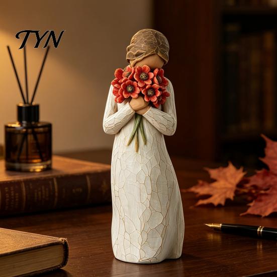 Gift for Mothers Day Girl Holding Bouquet Resin Figurine, Faceless Lady Statue, Romantic Desktop Ornament Durable Craft Living Room Bedroom