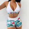 2 Pcs/Set Stylish Women Bra Shorts Set Leaf Print Swimming High Waist Padded Beach Bra Shorts Set Lady Clothing
