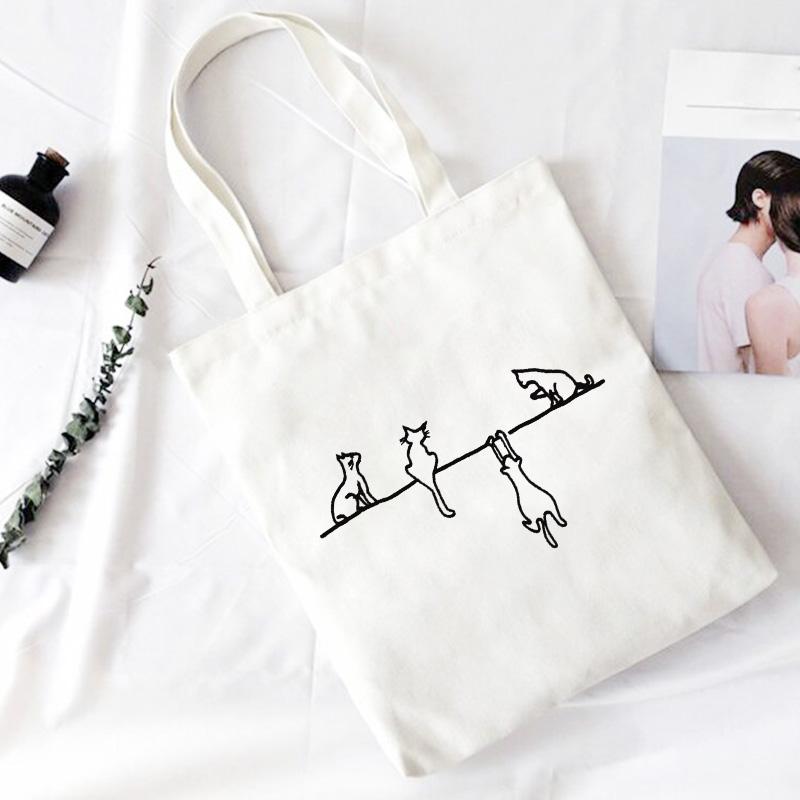 Four Cute Cat Print Crossbody Bags Large Capacity Harajuku Shoulder Canvas Bag Casual Fun Handbag Ulzzang New Women Bag Purse