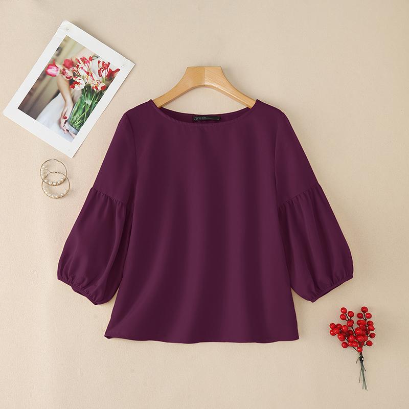 ZANZEA Женская летняя блузка с круглым вырезом, свободного кроя, с рукавом 3/4, однотонная