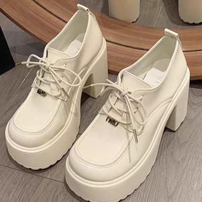 Женские туфли Мэри Джейн на высоком каблуке, весна 2025: Новая модная платформа, массивная шнуровка, кожаные туфли для платья