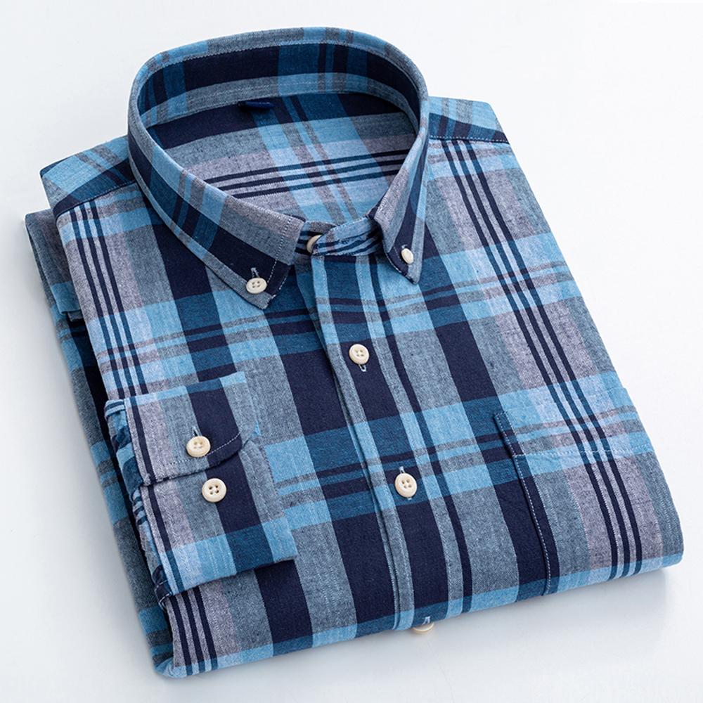 Men's Classic Fit Casual Plaid Linen Cotton Shirt Single Pocket Button-down Comfortable Soft Long Sleeve Stripe Checked Shirts