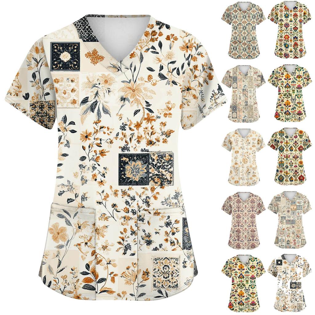 Women's Fashion V-neck Short Sleeve Workwear With Pockets Printed Tops