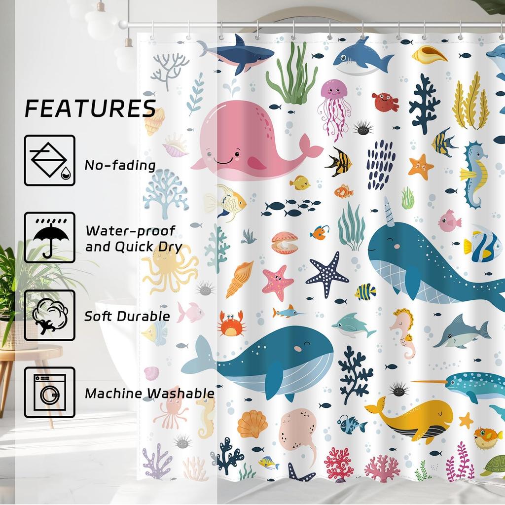 Kids Funny Ocean Shower Curtain, Cute Cartoon Watercolor Colorful Underwater Whale Boys and Girls Bathroom Decor Curtains