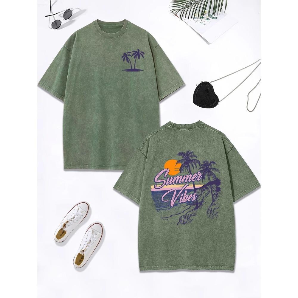 Summer Vibes Beach Sunset Coconut Tree Prints Washed T-Shirt Women Cotton Tops Retro O-Neck T Shirt Street Clothes