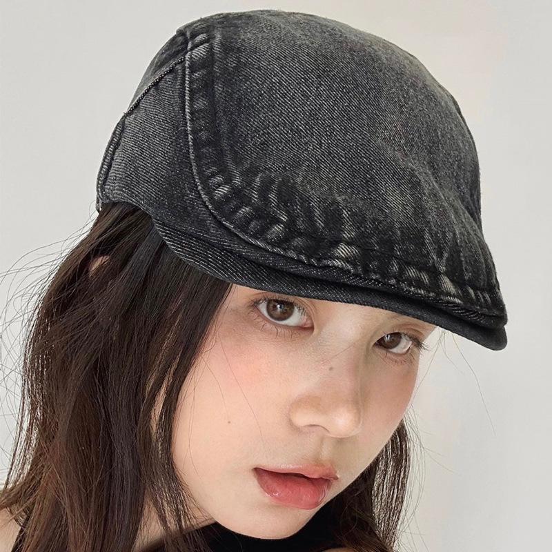 Spring and Autumn Retro Washed Denim Forward Hat Big Head Circumference Showing Face Small Beret Versatile Newsboy Hat Women's