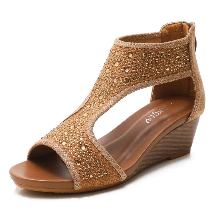 Женские римские сандалии в стиле ретро, ​​новый стиль, удобные модные сандалии на танкетке с круглым носком и открытым носком, большие