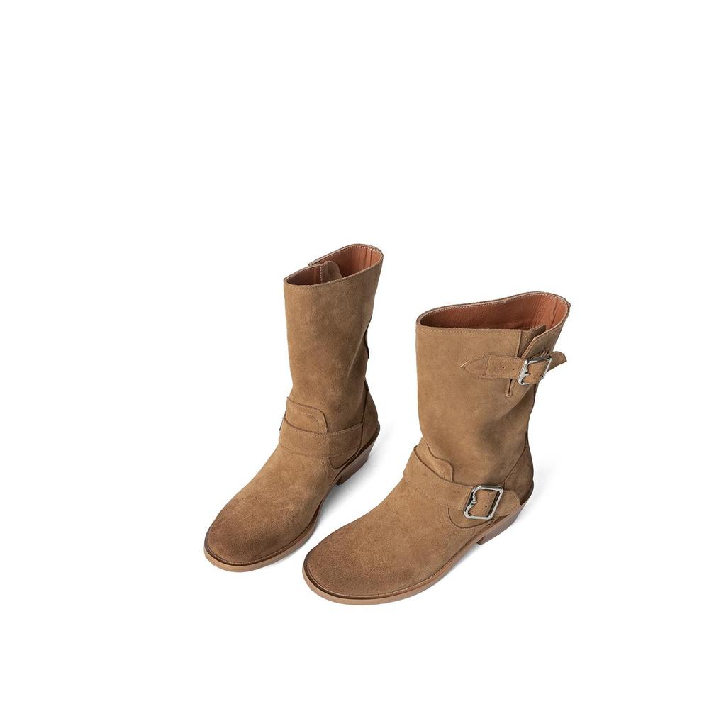 Krazing Pot Осенне-зимняя обувь из коровьей замши и нубука, модные ботинки с круглым носком, сохраняющие тепло, на среднем каблуке, с пряжкой на ремне, с отделкой до середины голени